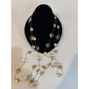 Gold Tone Clear Crystal Station Layered Long Necklace Brushed Disc 38 Inch